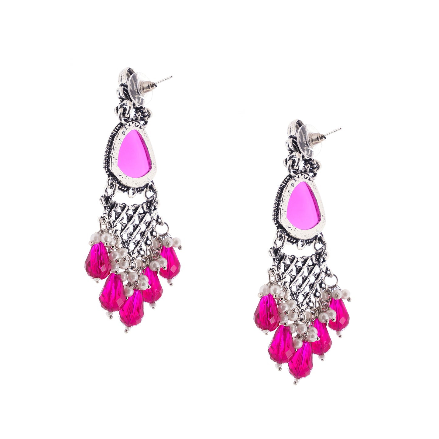 Oxidised Silver Crystal Stone Pink Earrings