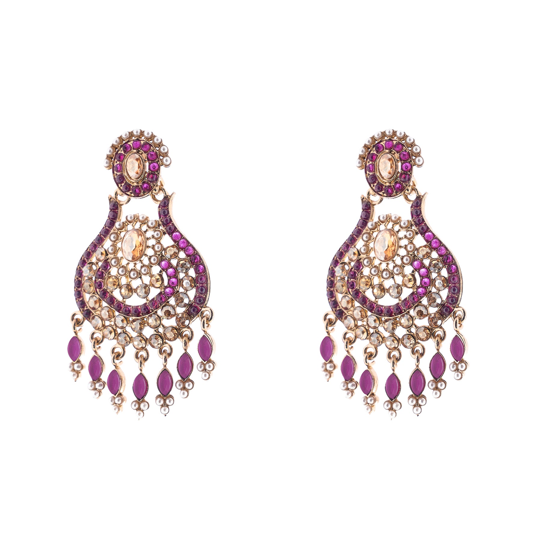 Pair of purple and gold earrings on a white background