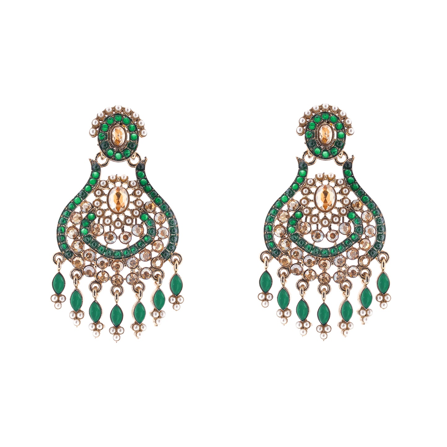 Clustertrend Gold Plated Green Stone And Pearl Earrings For Women