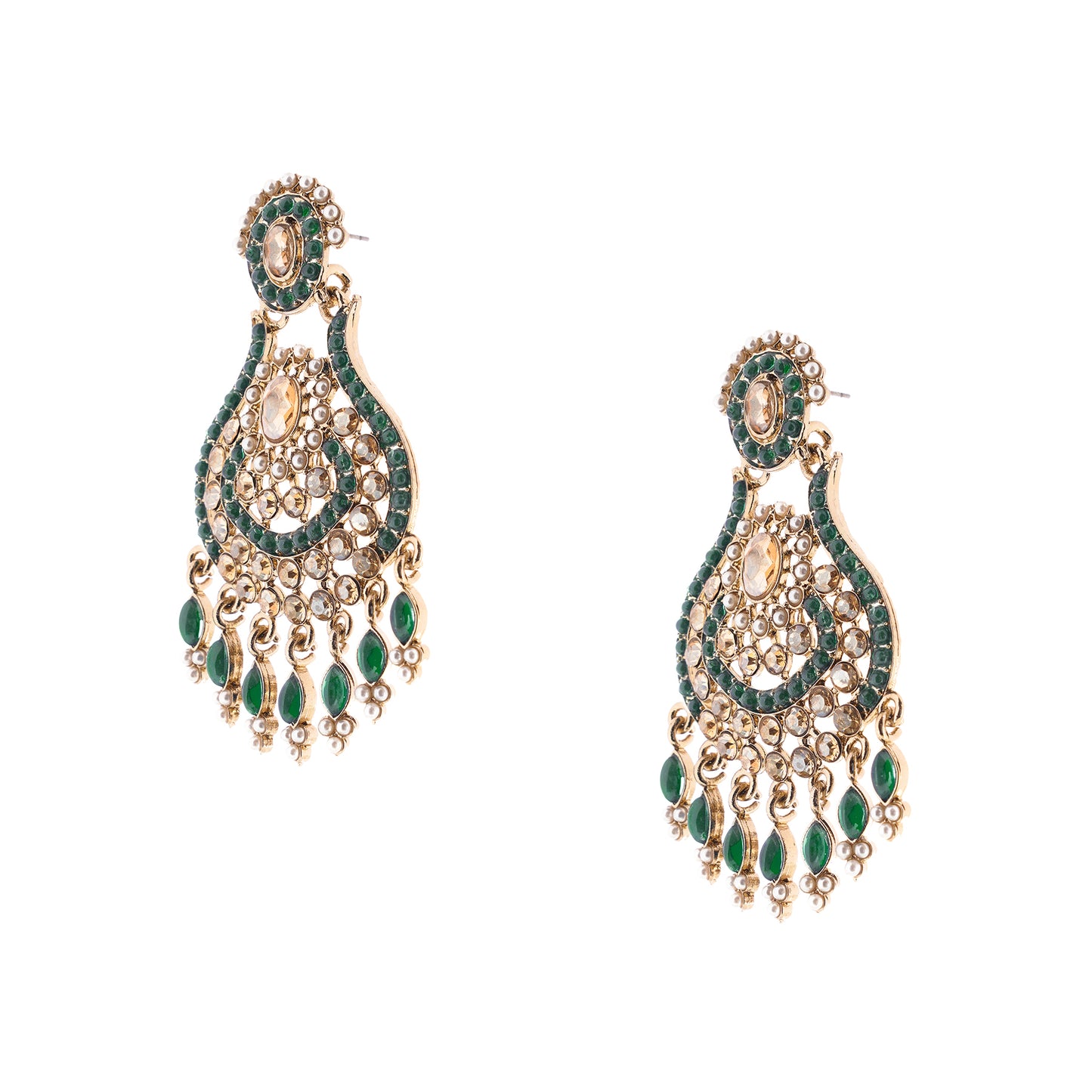 Clustertrend Gold Plated Green Stone And Pearl Earrings For Women