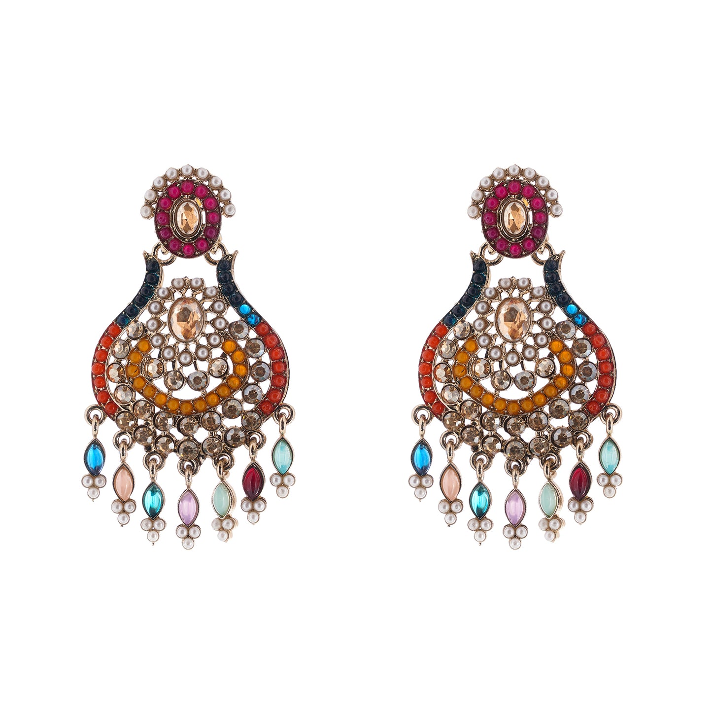 Gold Plated Multicolour Stone Pearl Earrings For Women