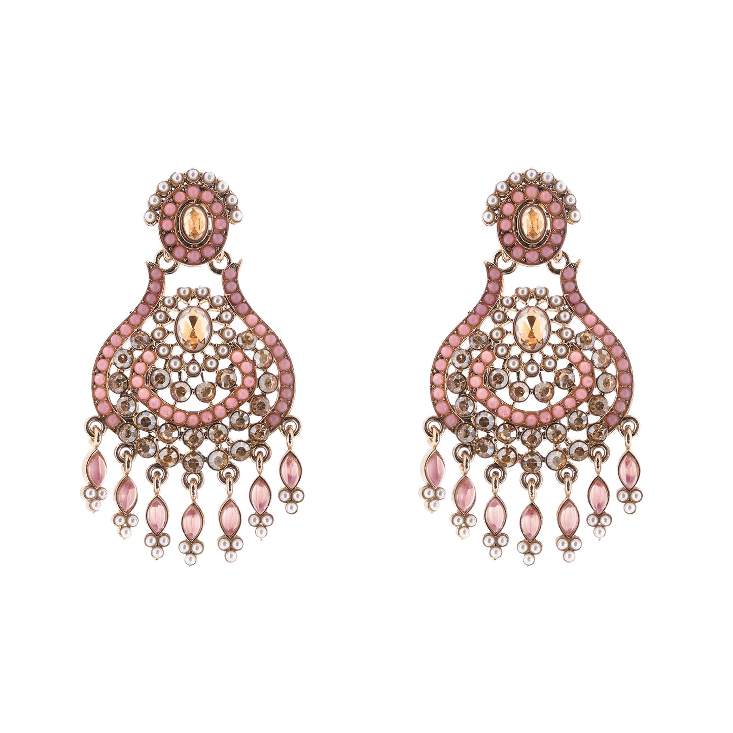 Gold Plated Light Pink Stone Chandbali Earrings For Women