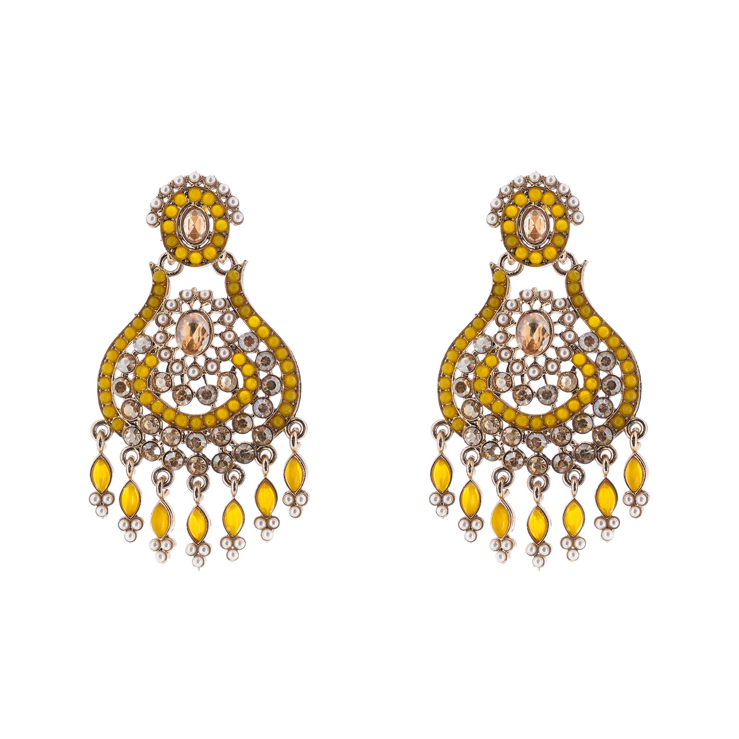 Gold Plated Yellow Stone Pearl Earrings For Haldi Ceremony