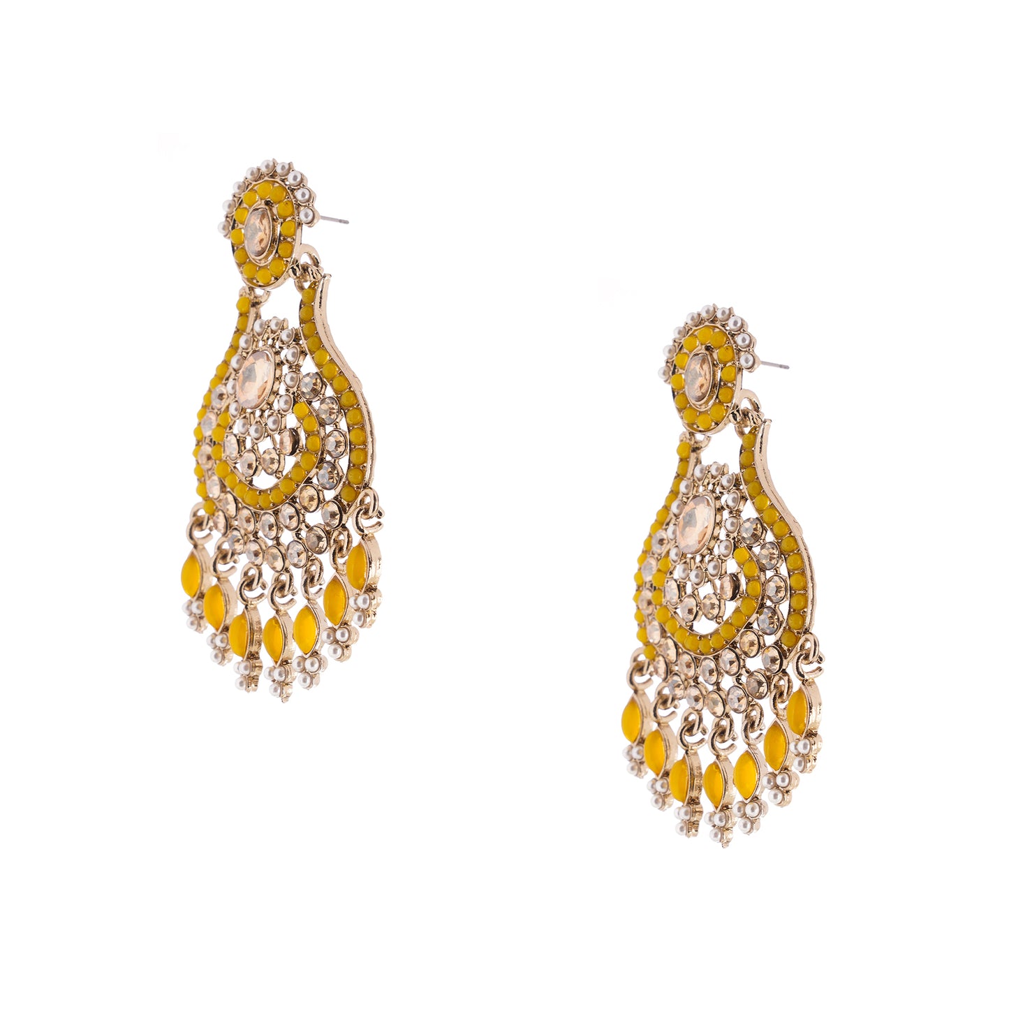 Gold Plated Yellow Stone Pearl Earrings For Haldi Ceremony