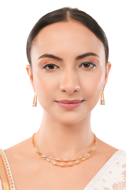 Gold Plated Cubic Zirconia Layerd Necklace With Drop Earrings