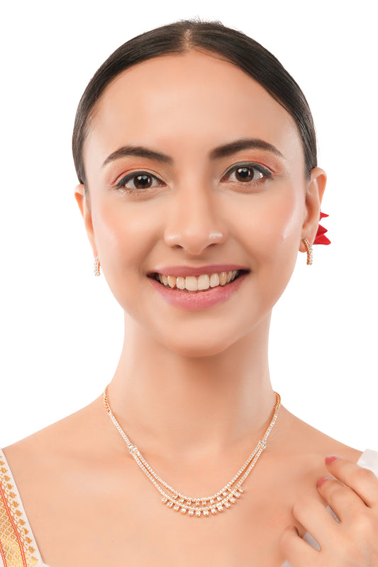 Elagant Gold Plated Diamond Layered Necklace With Earrings