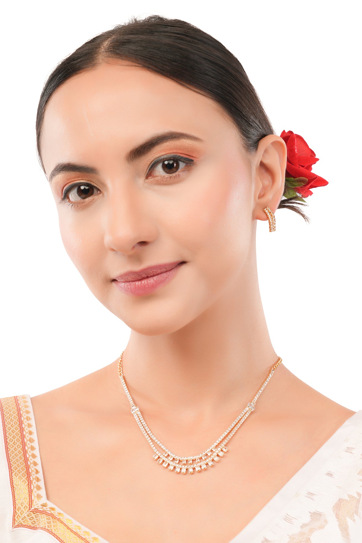 Elagant Gold Plated Diamond Layered Necklace With Earrings