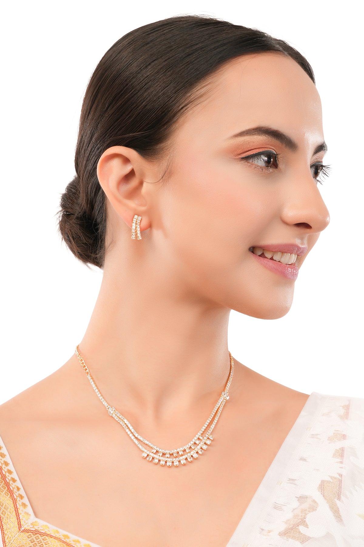 Elagant Gold Plated Diamond Layered Necklace With Earrings