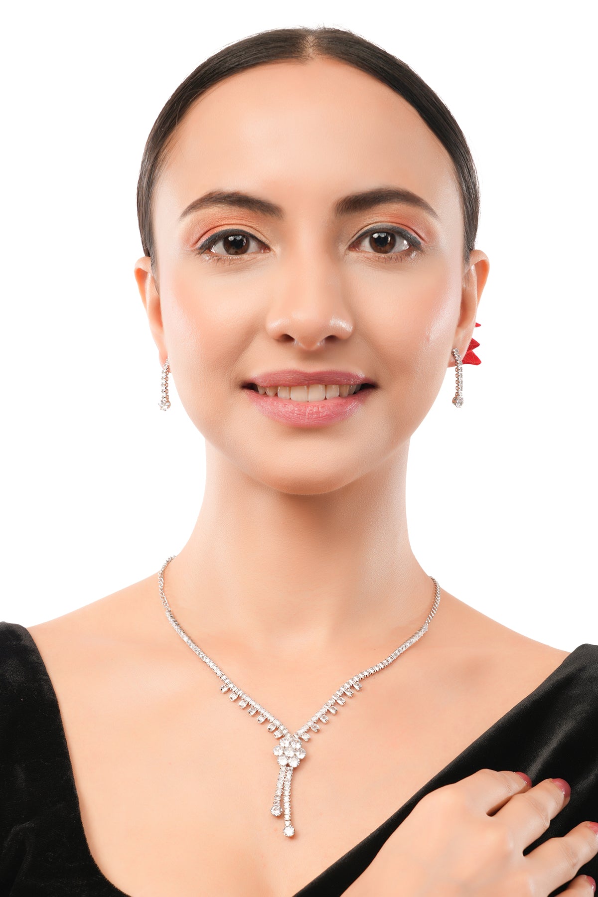 Clustertrend Silver Floral Pendant Diamond Chain Necklace With Earring Set