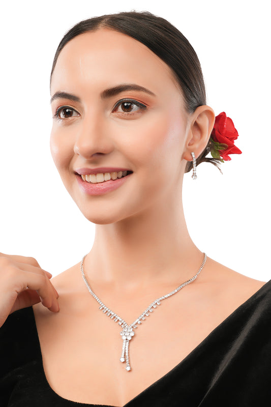 Clustertrend Silver Floral Pendant Diamond Chain Necklace With Earring Set