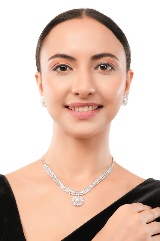 Clustertrend Silver Diamond Round Pendant Chain Necklace With Stud Earrings