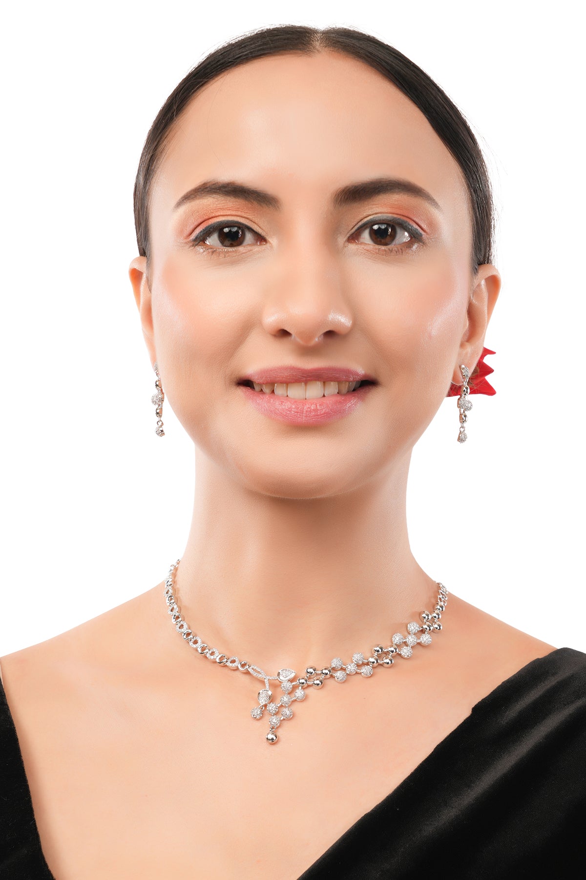 Clustertrend Silver Cubic Zirconia Dimaond Chain Necklace With Earrings