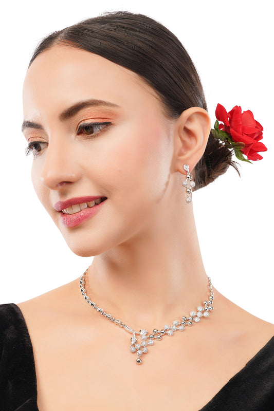 Clustertrend Silver Cubic Zirconia Dimaond Chain Necklace With Earrings