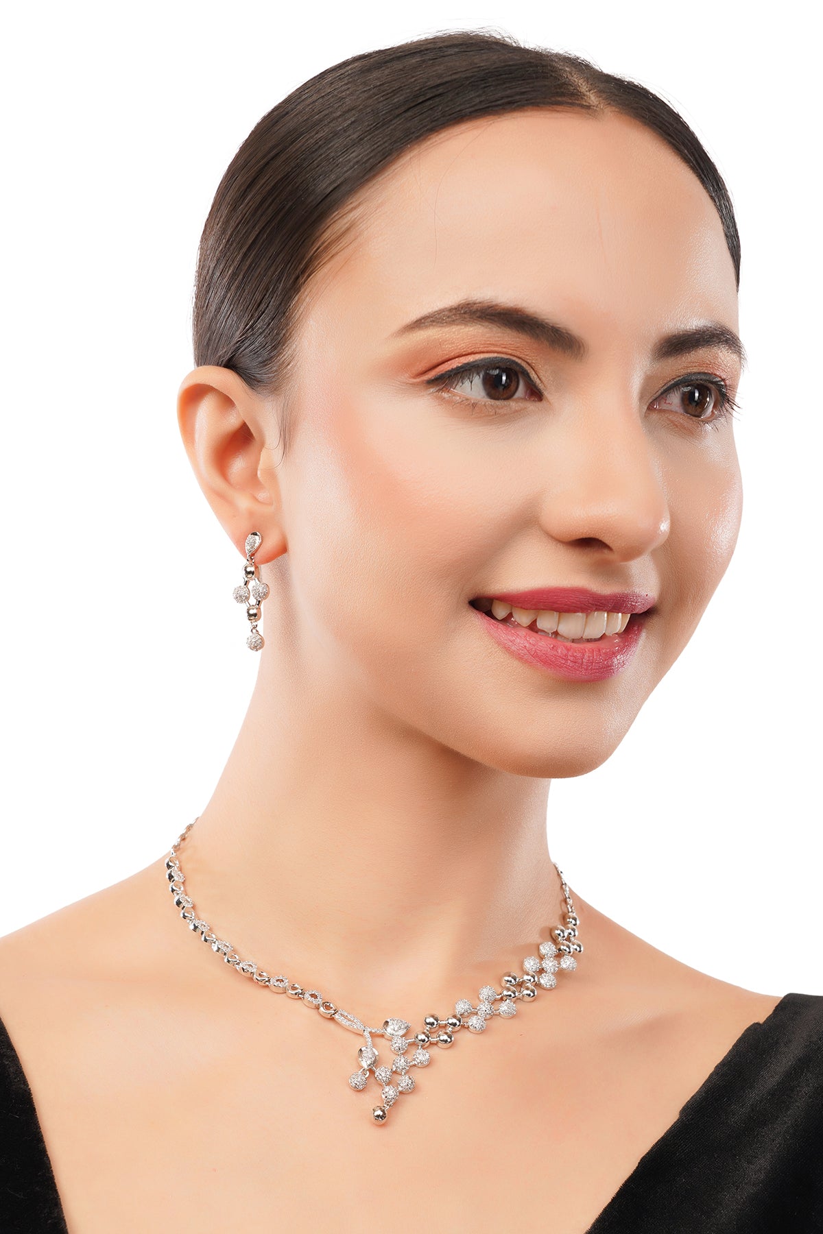 Clustertrend Silver Cubic Zirconia Dimaond Chain Necklace With Earrings