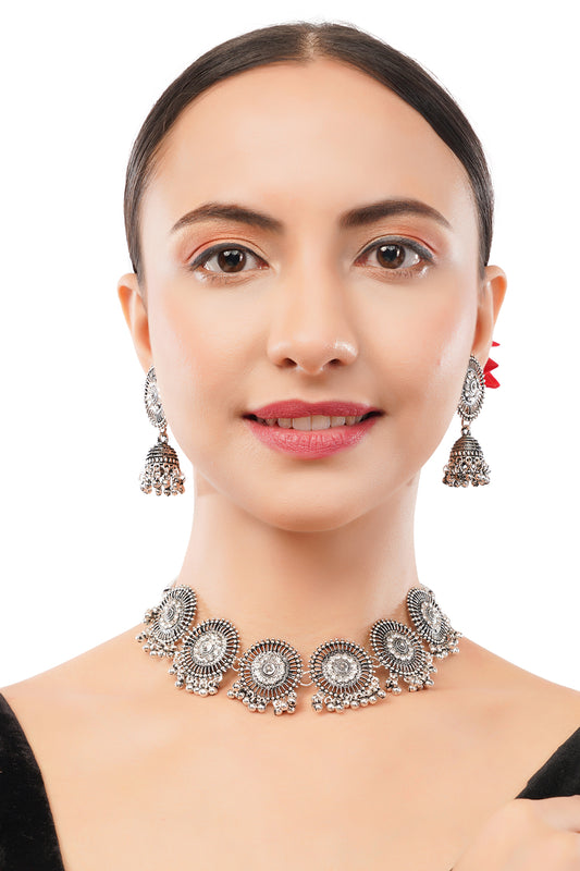 Silver Oxidised Pearl Choker Necklace With Earring Set