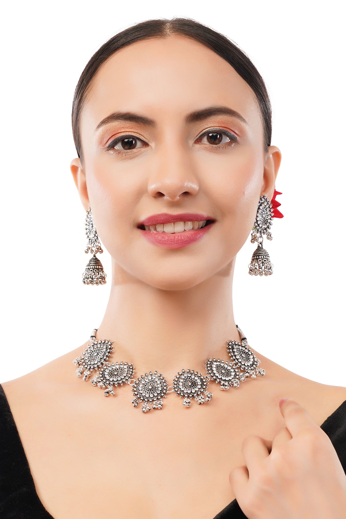 Oxidised Silver White Stone Choker Necklace With Earrings