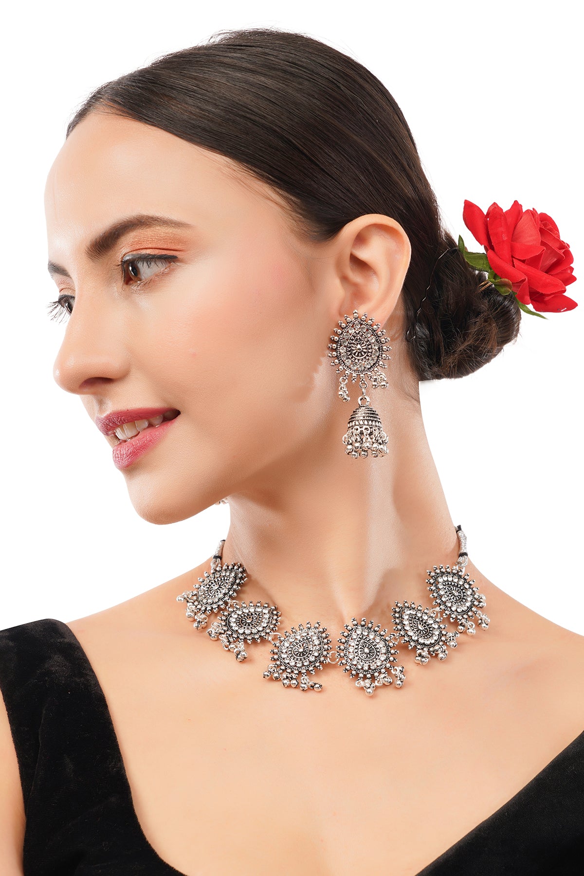 Oxidised Silver White Stone Choker Necklace With Earrings