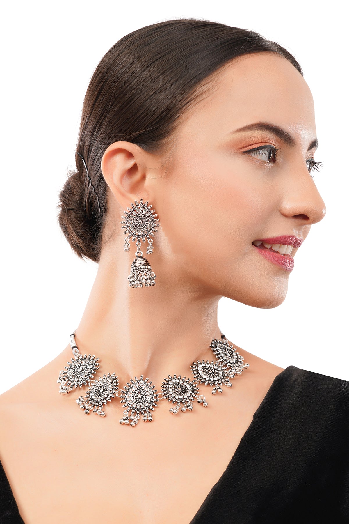 Oxidised Silver White Stone Choker Necklace With Earrings