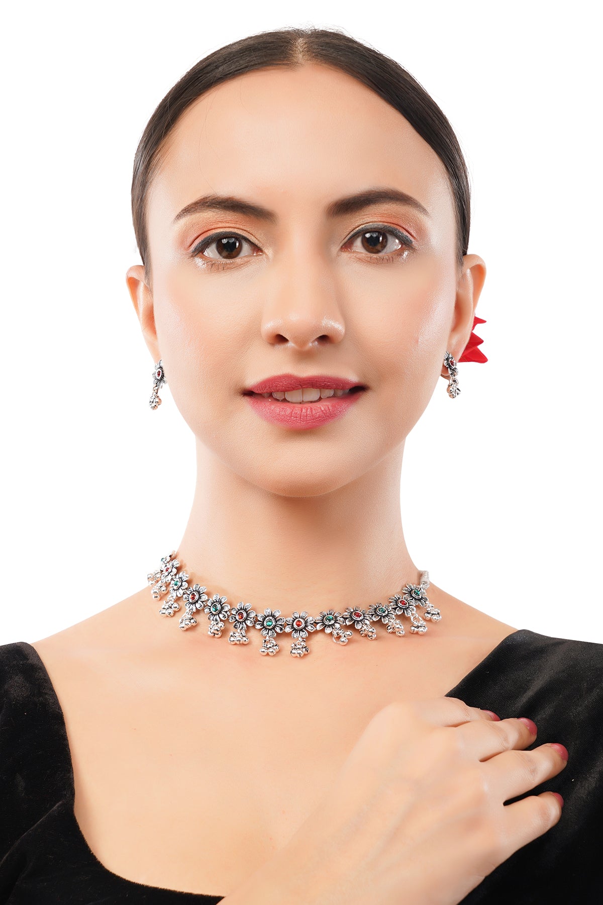 Silver Oxidised Red And Green Stone Choker Necklace With Earrings
