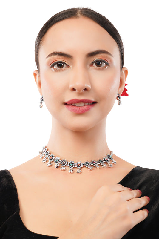 Silver Oxidised Red And Green Stone Choker Necklace With Earrings