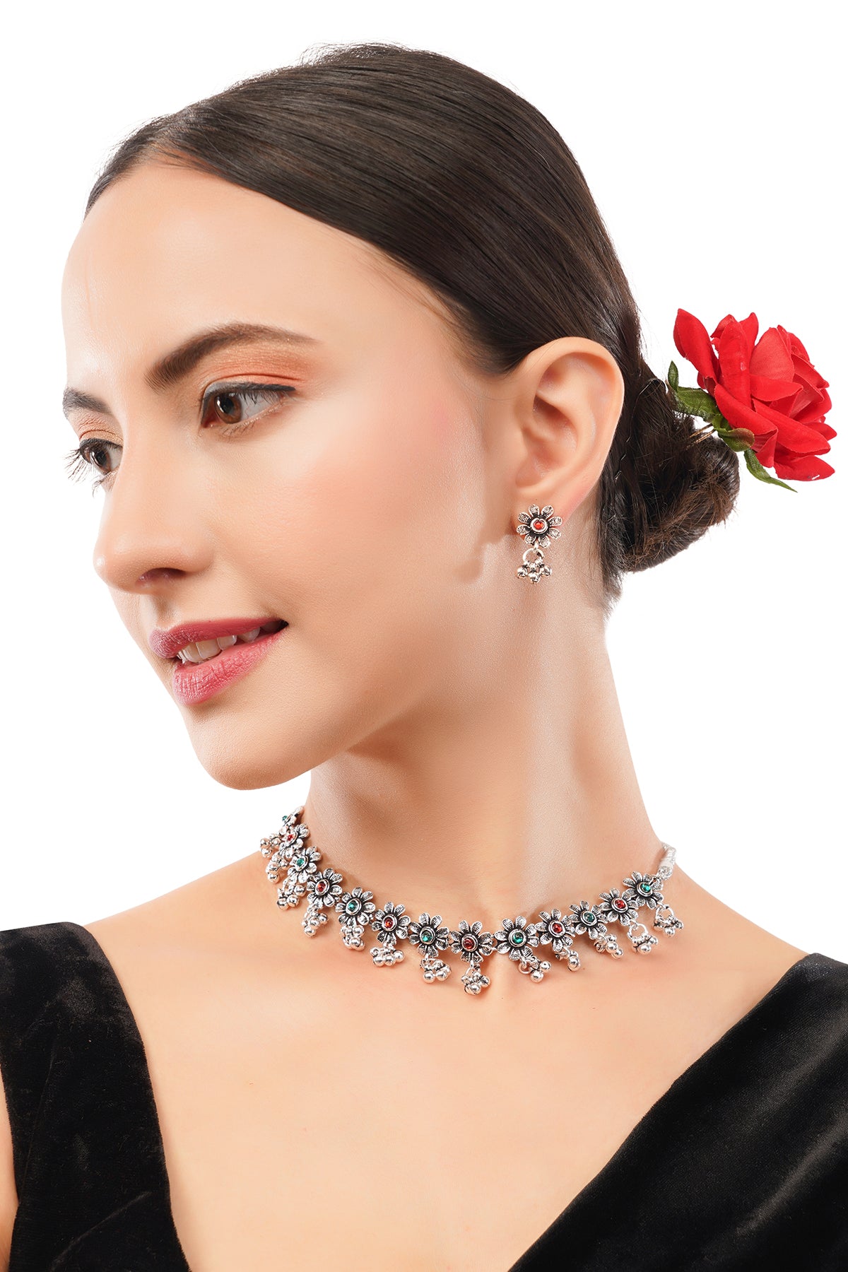 Silver Oxidised Red And Green Stone Choker Necklace With Earrings