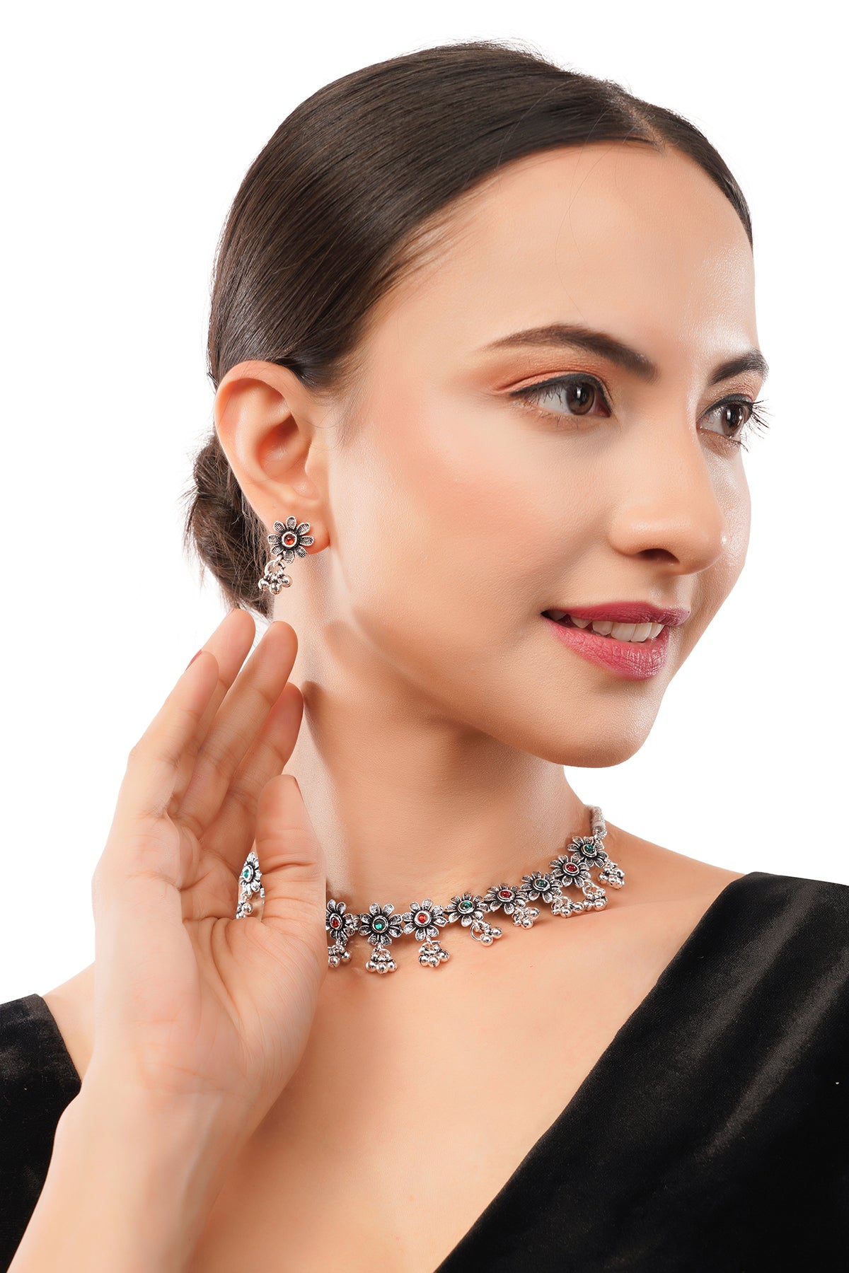 Silver Oxidised Red And Green Stone Choker Necklace With Earrings