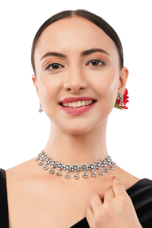 Silver Oxidised White Stone Choker Necklace With Earrings