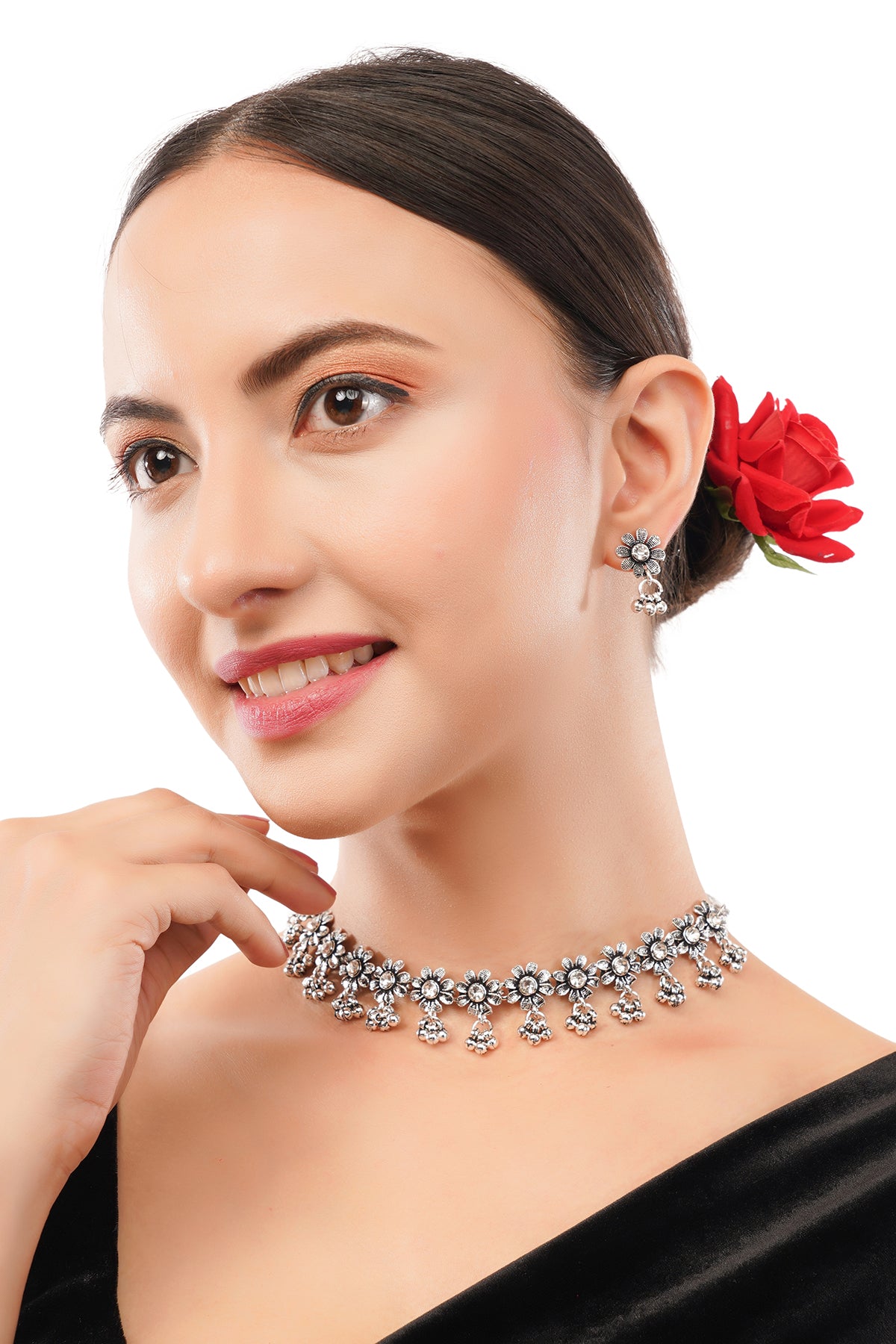 Silver Oxidised White Stone Choker Necklace With Earrings