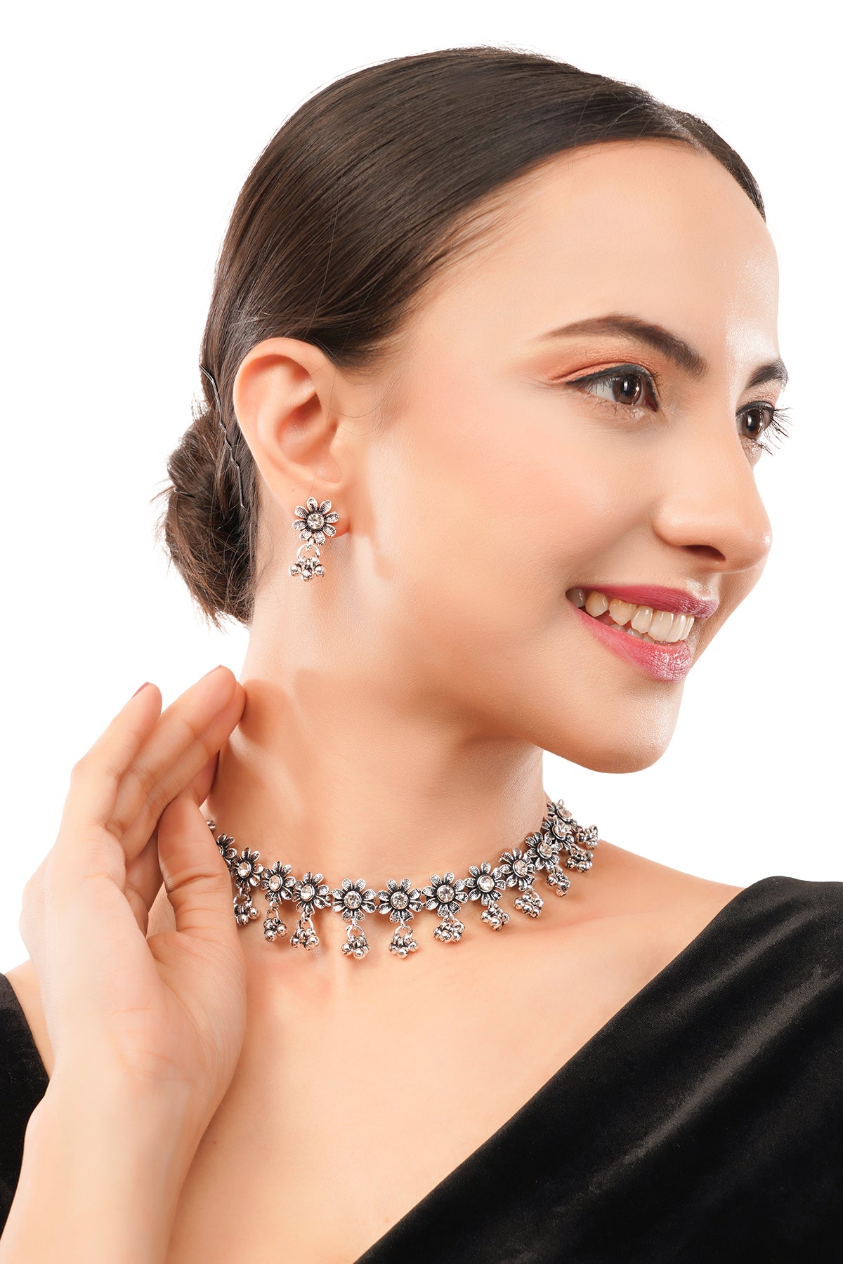 Silver Oxidised White Stone Choker Necklace With Earrings