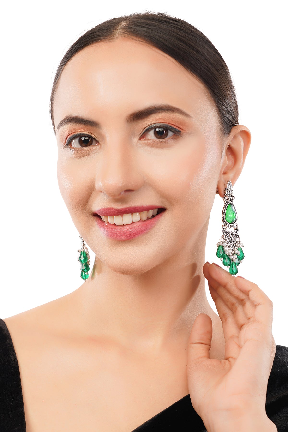 Clustertrend Silver Oxidised Crysal Green Pearl Earrings For Women