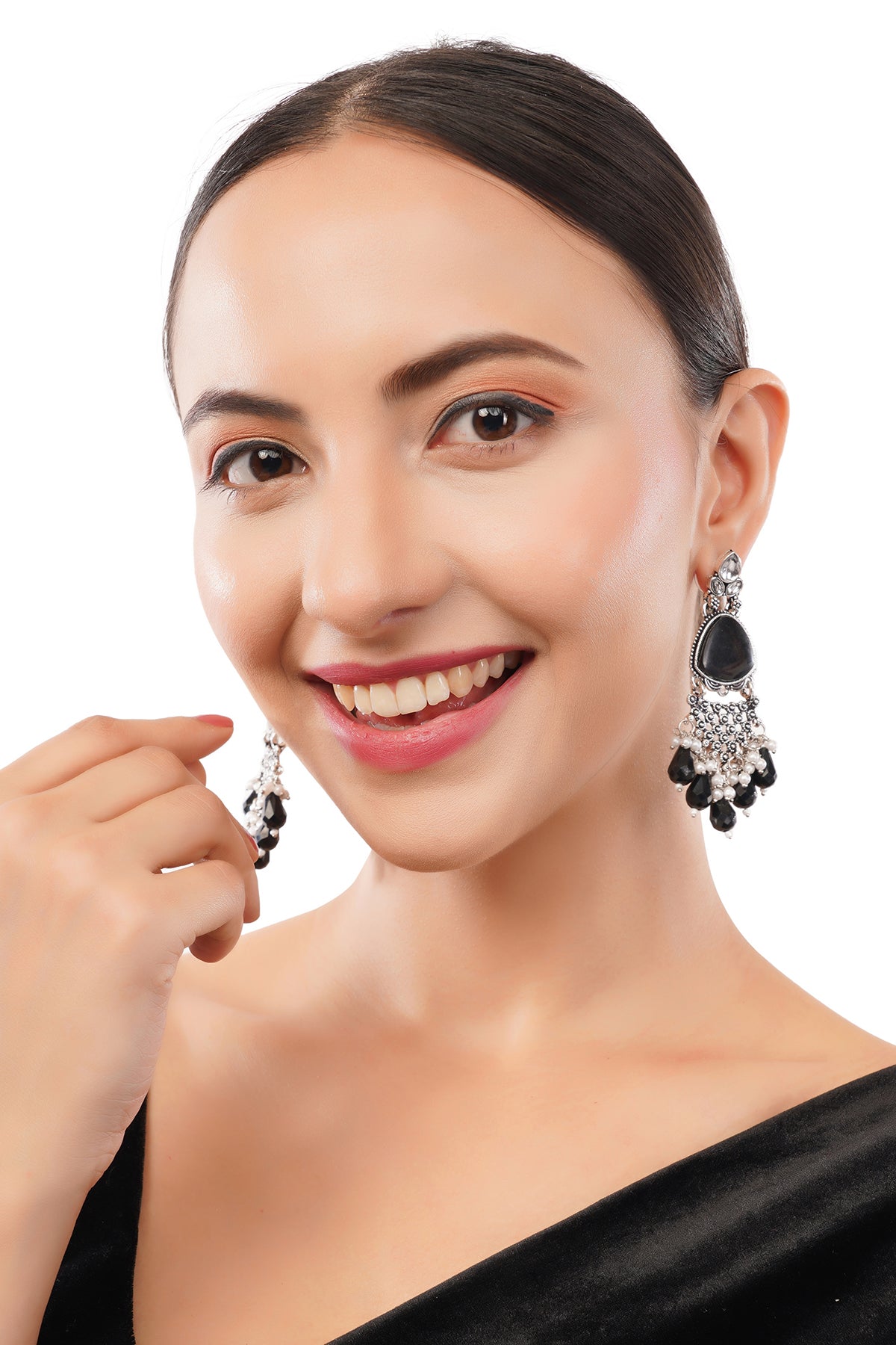 Clustertrend Silver Oxidised Black Pearl Earrings For Women