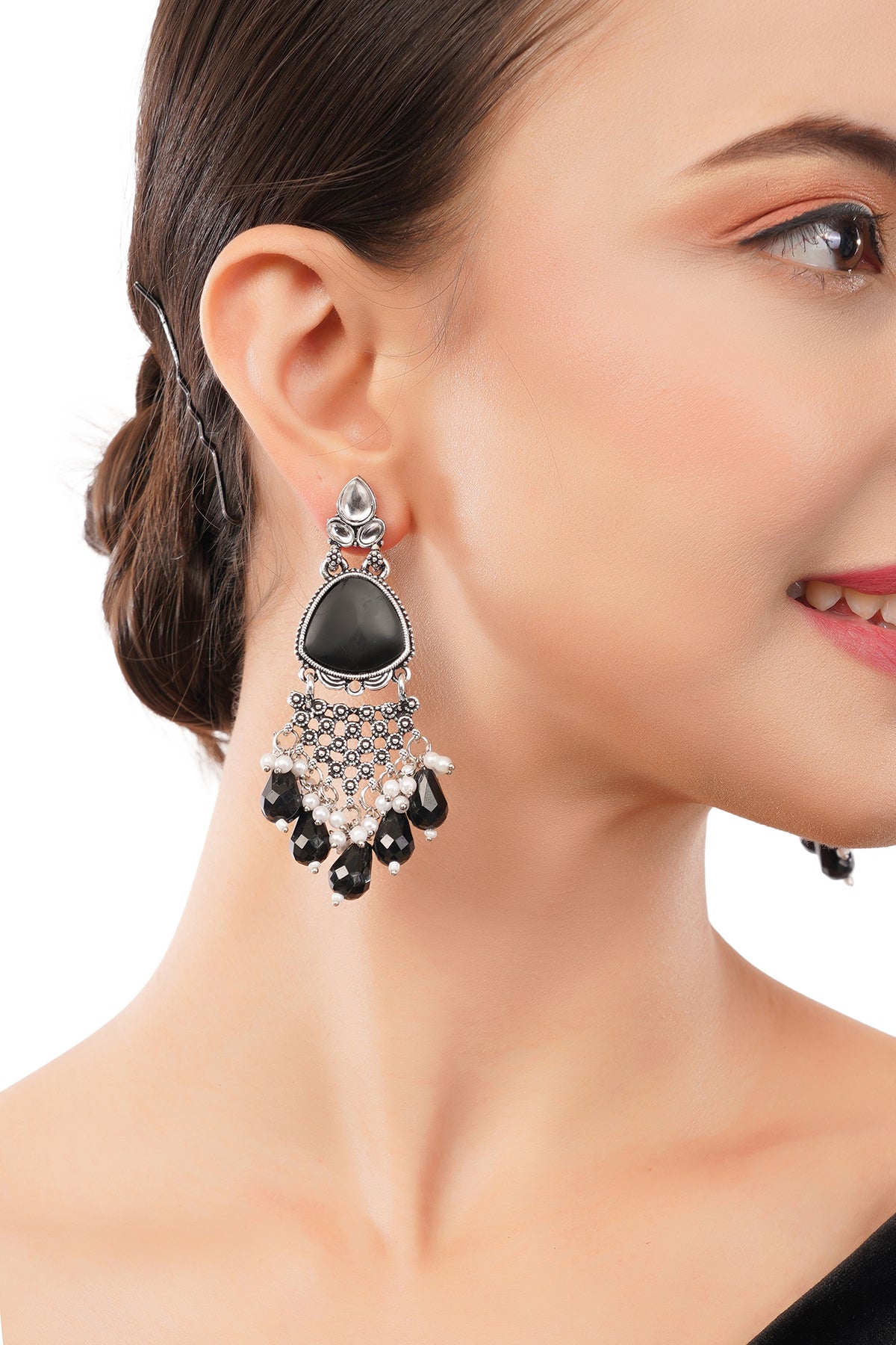 Clustertrend Silver Oxidised Black Pearl Earrings For Women