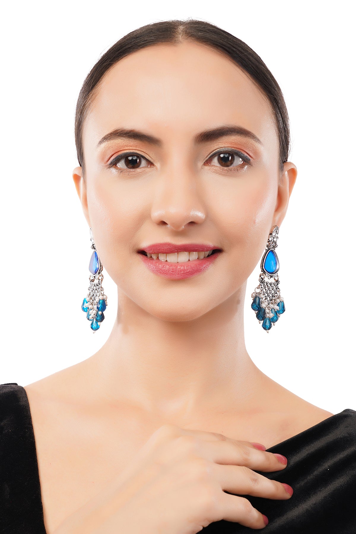 Silver Oxidised Crystal Blue Pearl Earrings For Women