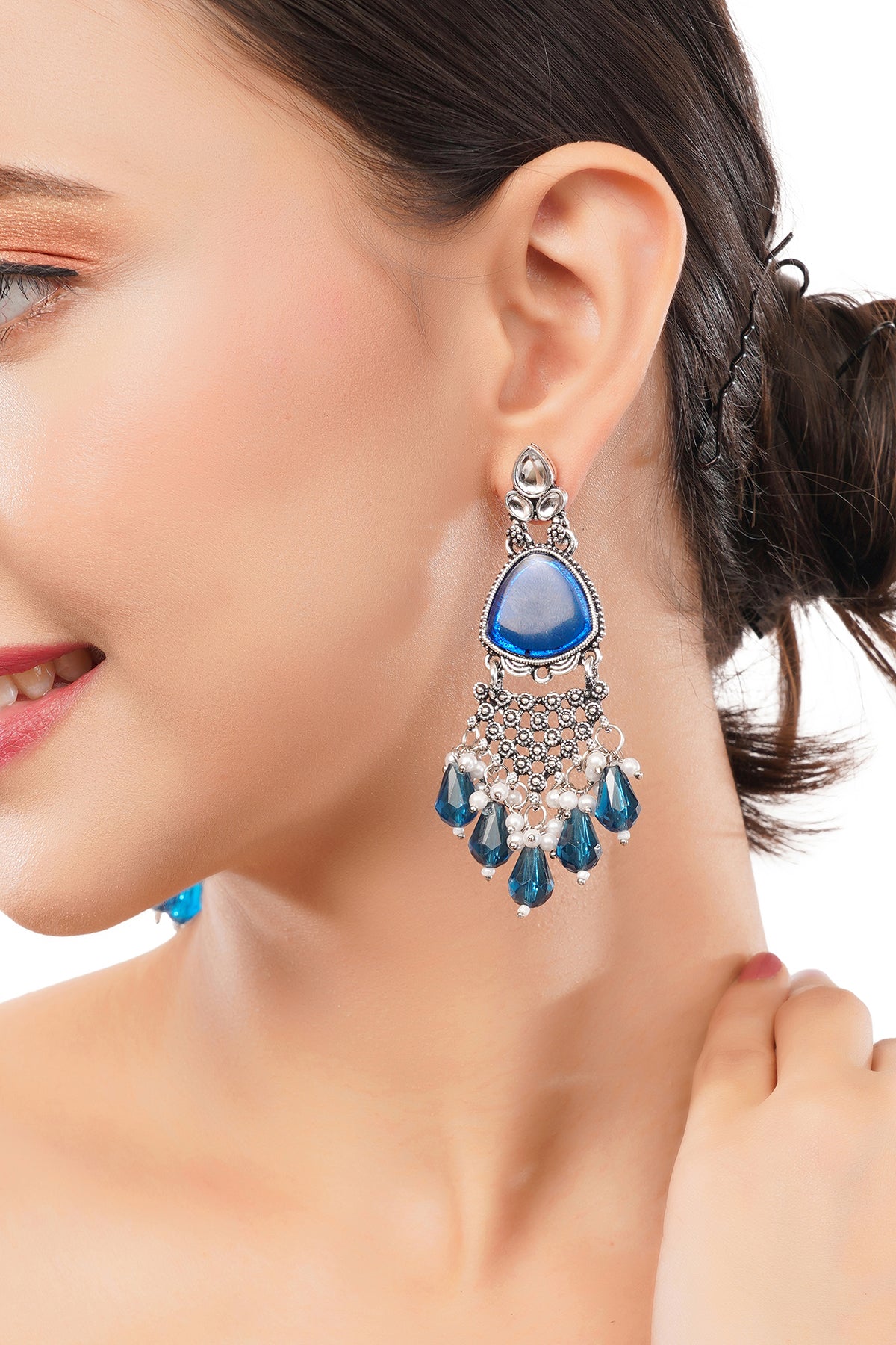 Silver Oxidised Crystal Blue Pearl Earrings For Women
