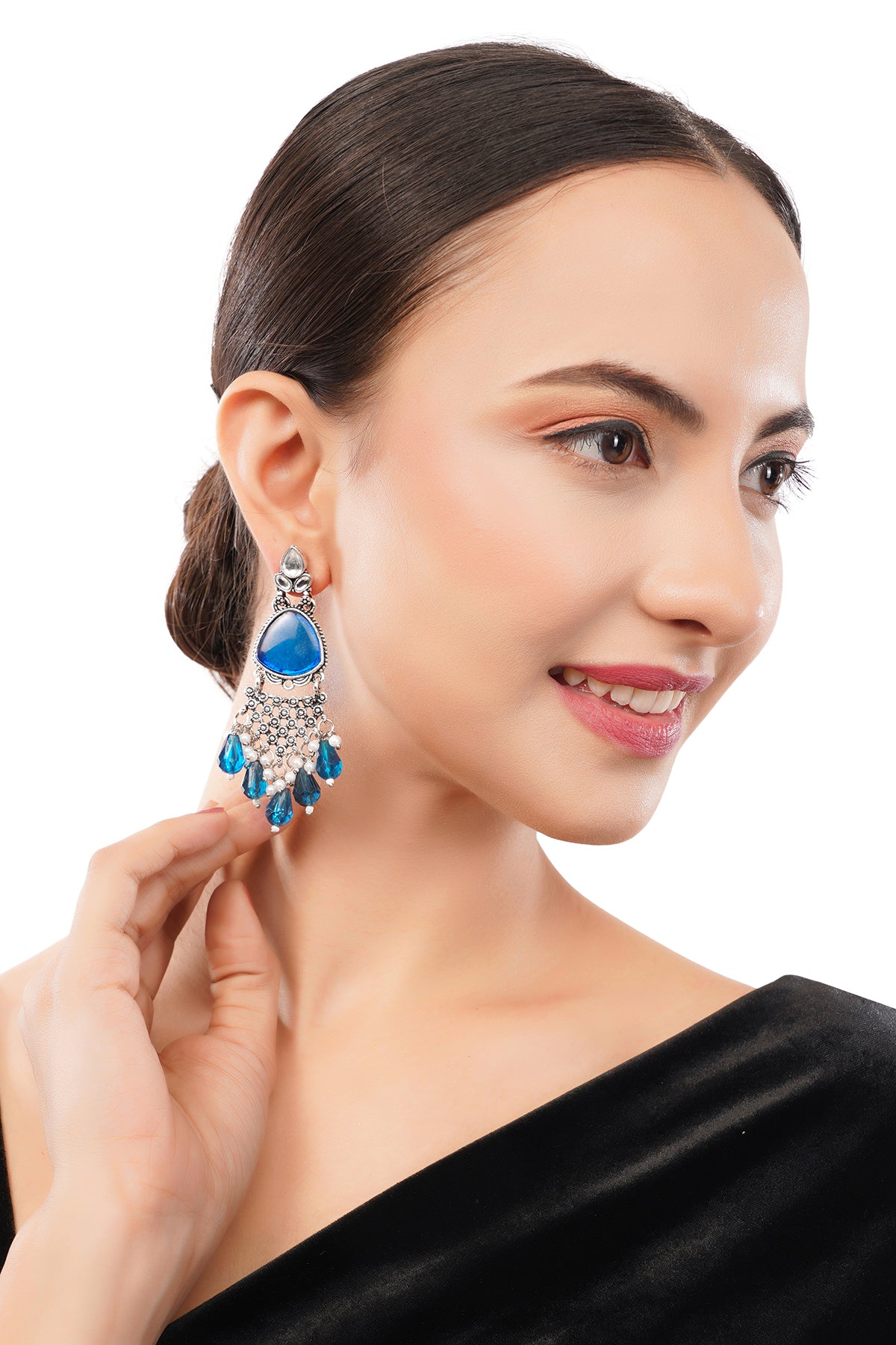 Silver Oxidised Crystal Blue Pearl Earrings For Women