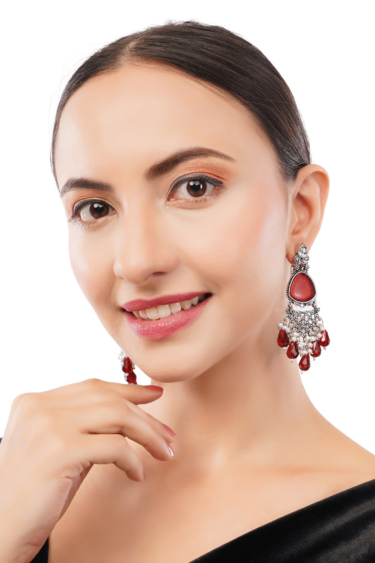 Oxidised Silver Crystal Red Stone Pearl Earrings