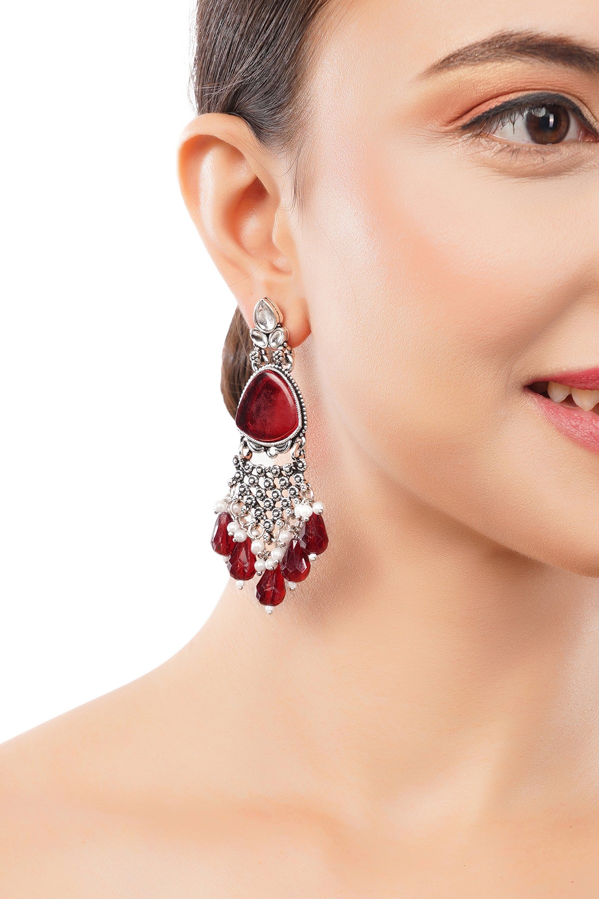 Oxidised Silver Crystal Red Stone Pearl Earrings