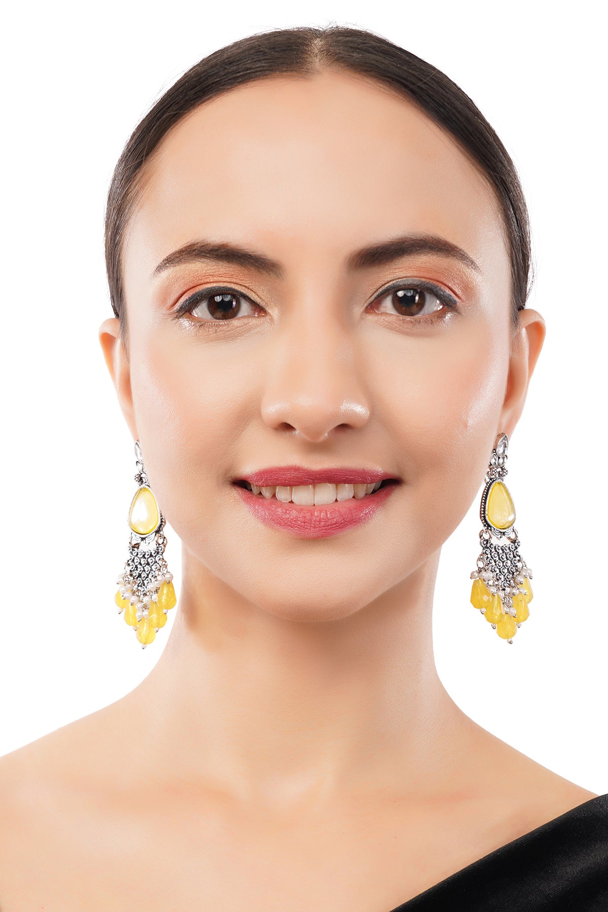 Clustertrend Traditional Oxidised Silver Yellow Crystal Pearl Earrings