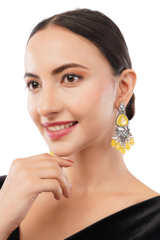 Clustertrend Traditional Oxidised Silver Yellow Crystal Pearl Earrings