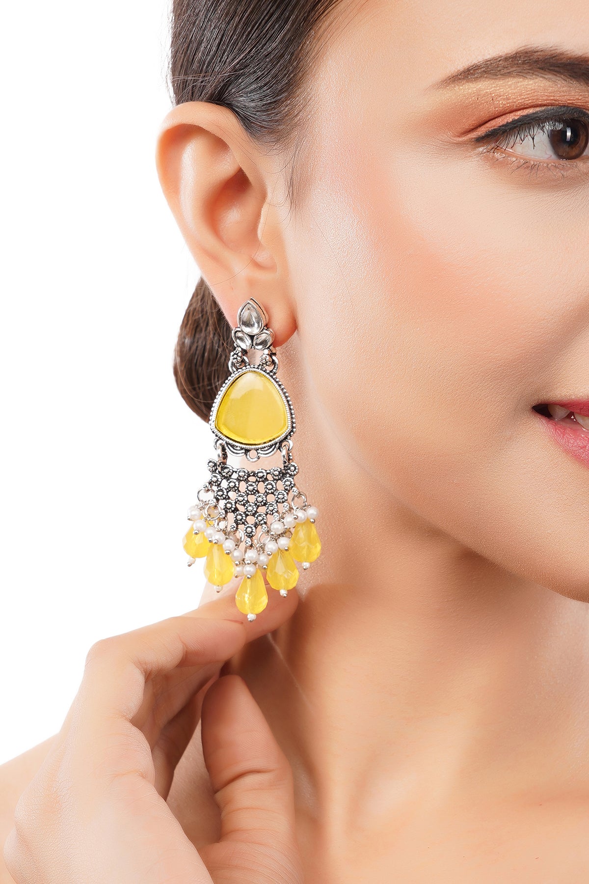 Clustertrend Traditional Oxidised Silver Yellow Crystal Pearl Earrings