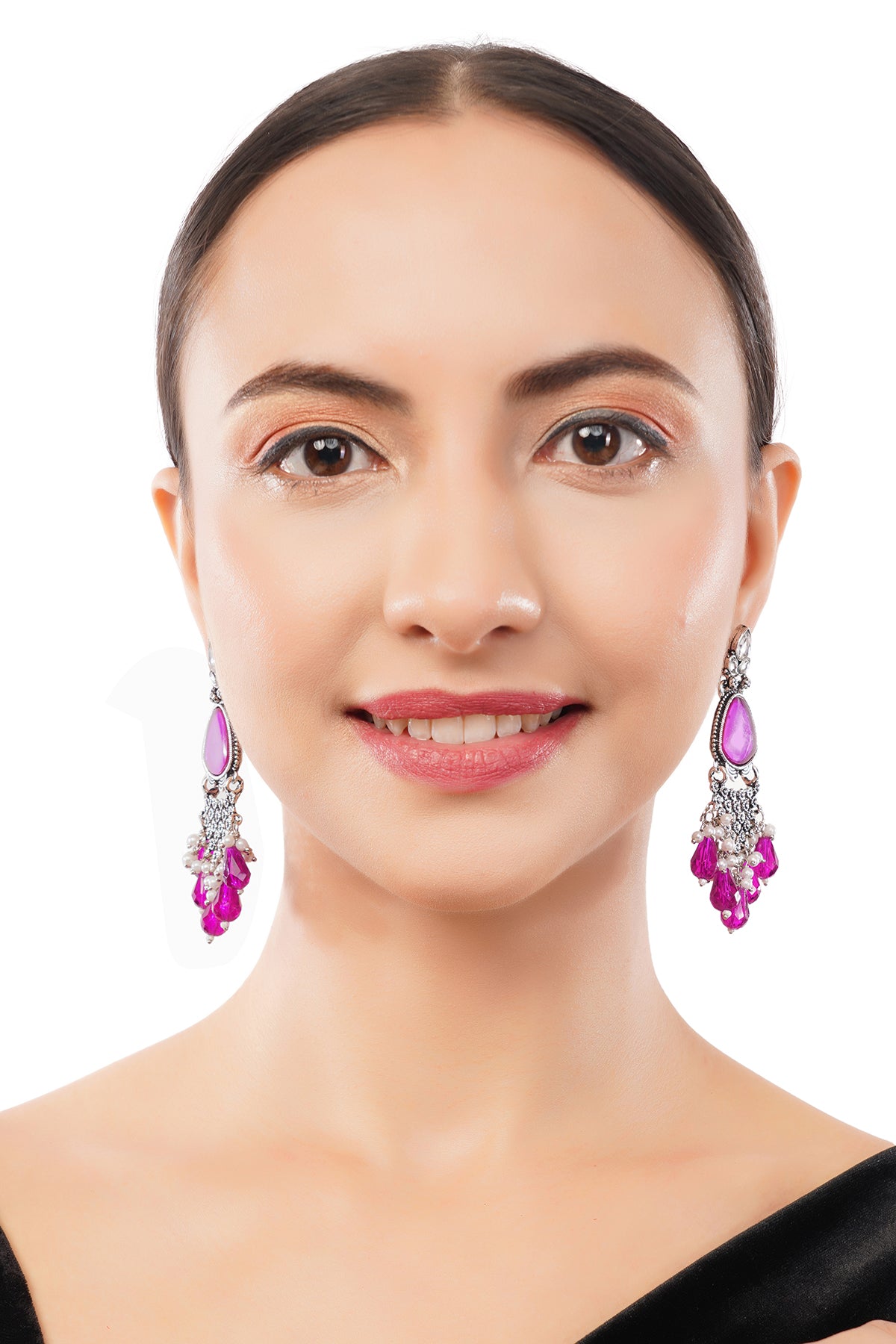 Oxidised Silver Crystal Stone Pink Earrings