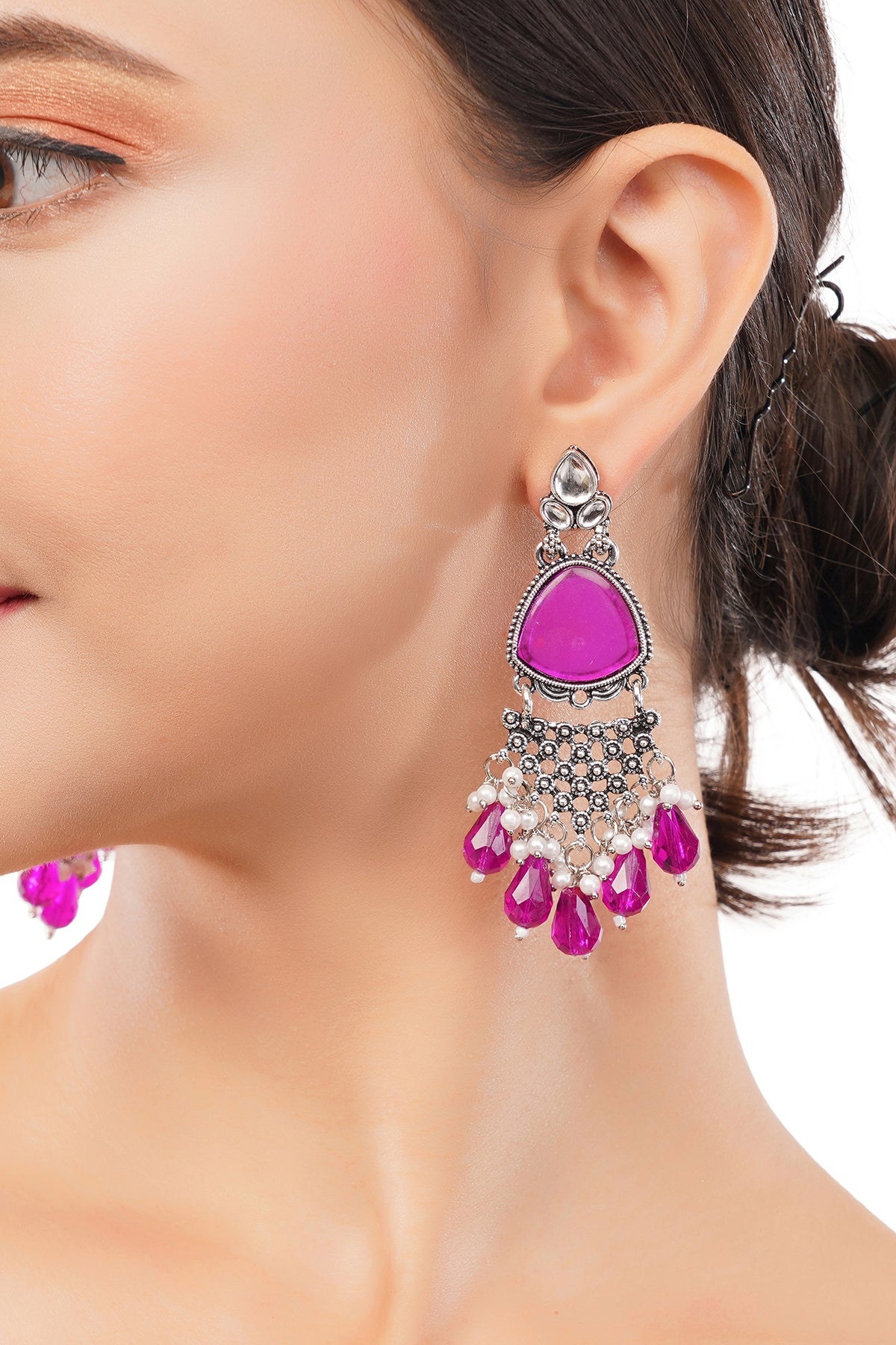Oxidised Silver Crystal Stone Pink Earrings