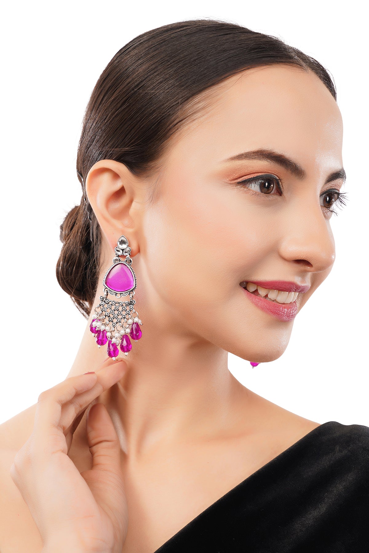 Oxidised Silver Crystal Stone Pink Earrings