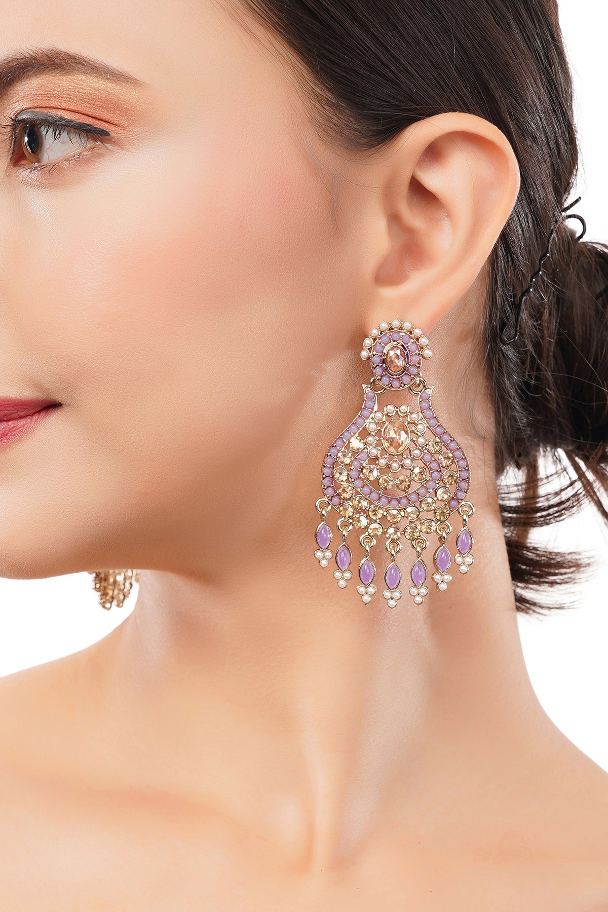 Traditional Gold Plated Purple And White Stone Pearl Earrings