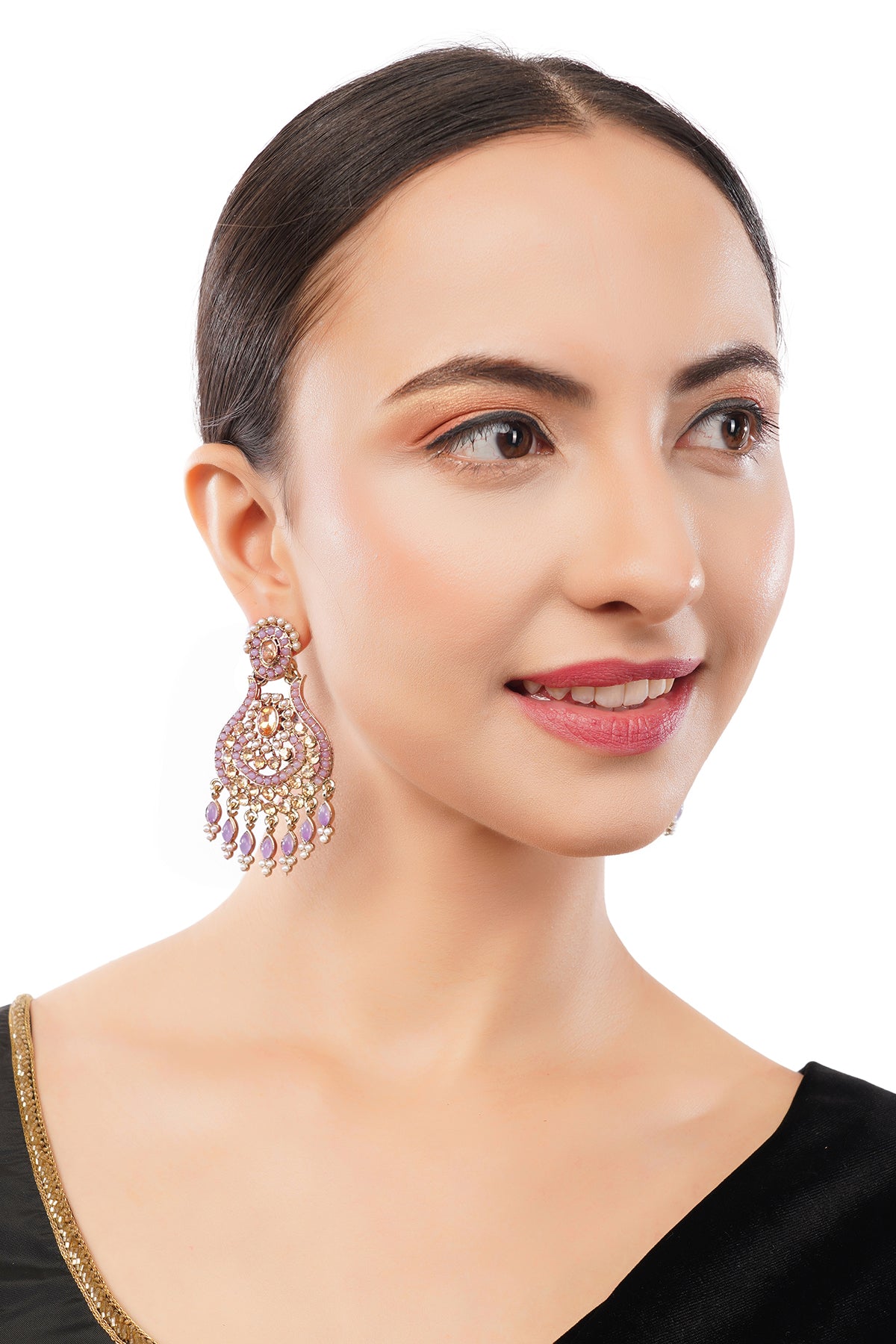 Traditional Gold Plated Purple And White Stone Pearl Earrings