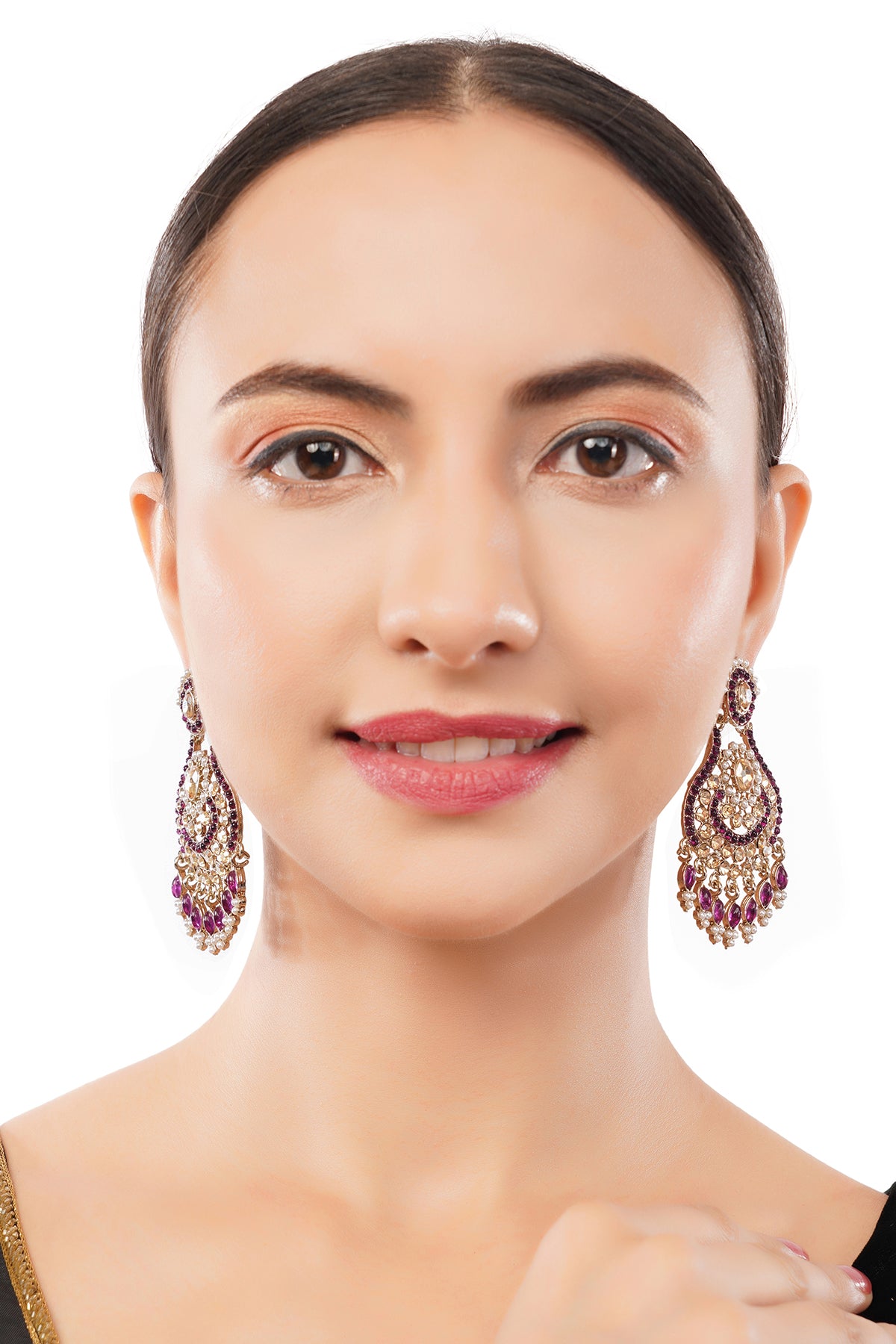 Clustertrend Gold Plated Purple Stone With white Pearl earrings