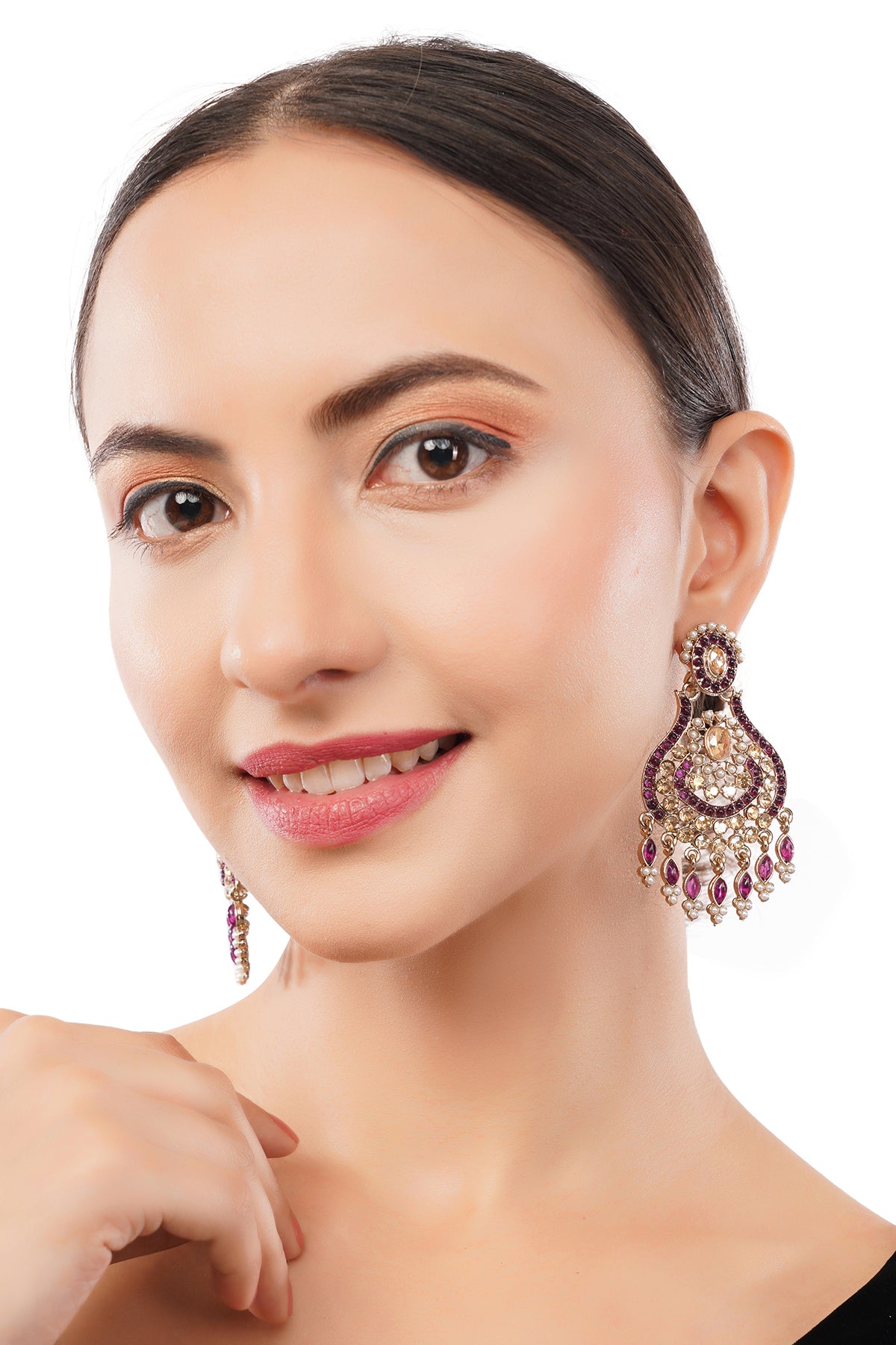 Clustertrend Gold Plated Purple Stone With white Pearl earrings