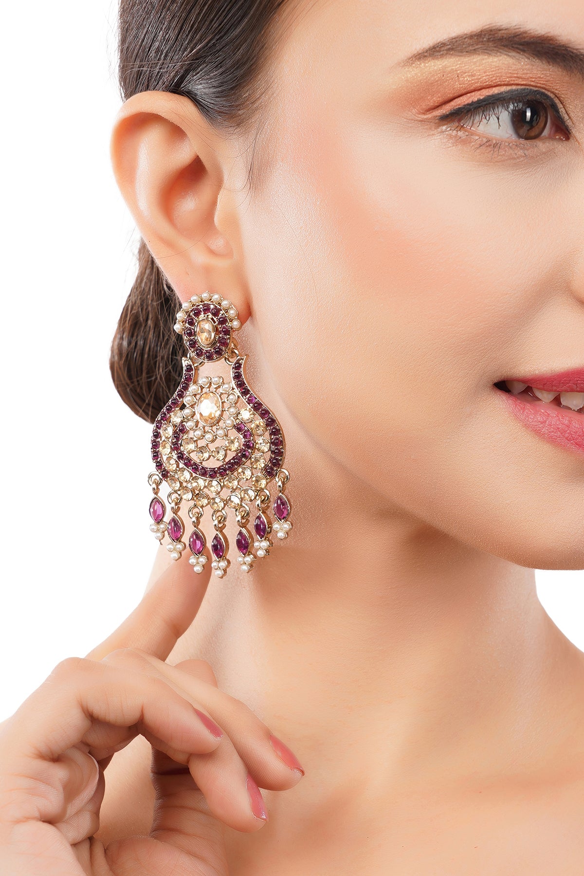 Clustertrend Gold Plated Purple Stone With white Pearl earrings