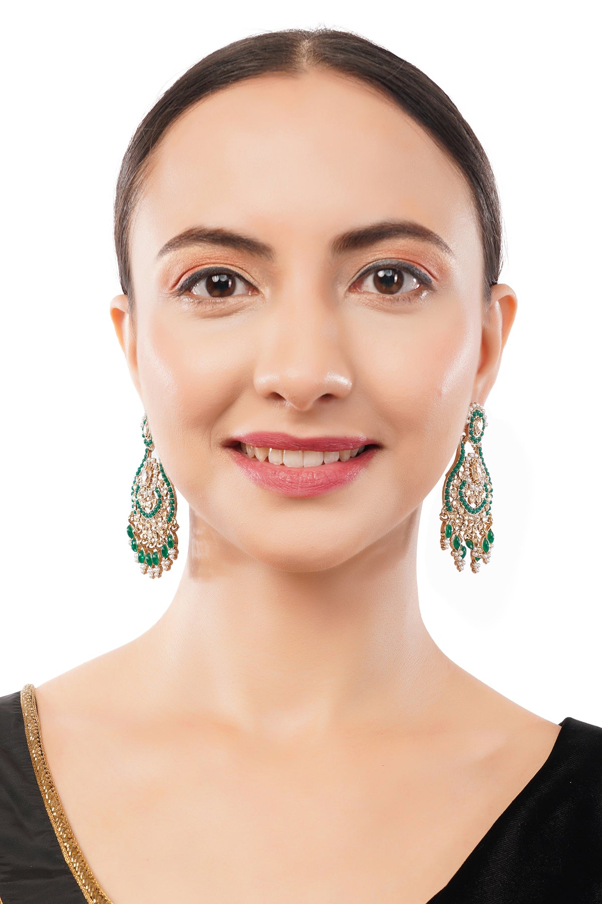 Clustertrend Gold Plated Green Stone And Pearl Earrings For Women