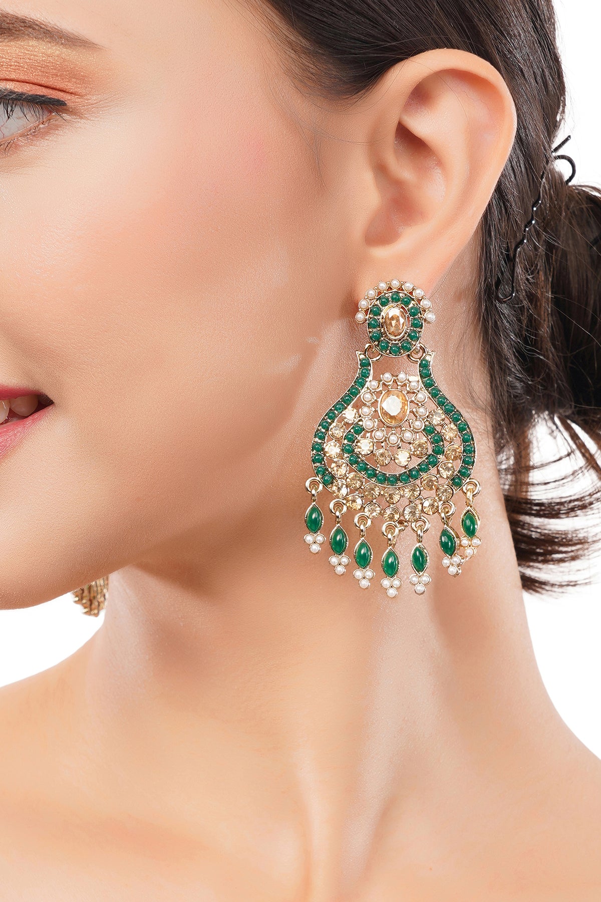 Clustertrend Gold Plated Green Stone And Pearl Earrings For Women